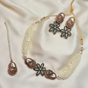 Pearl Floral Statement Necklace Set in green with matching earrings and tikka by Jewelist