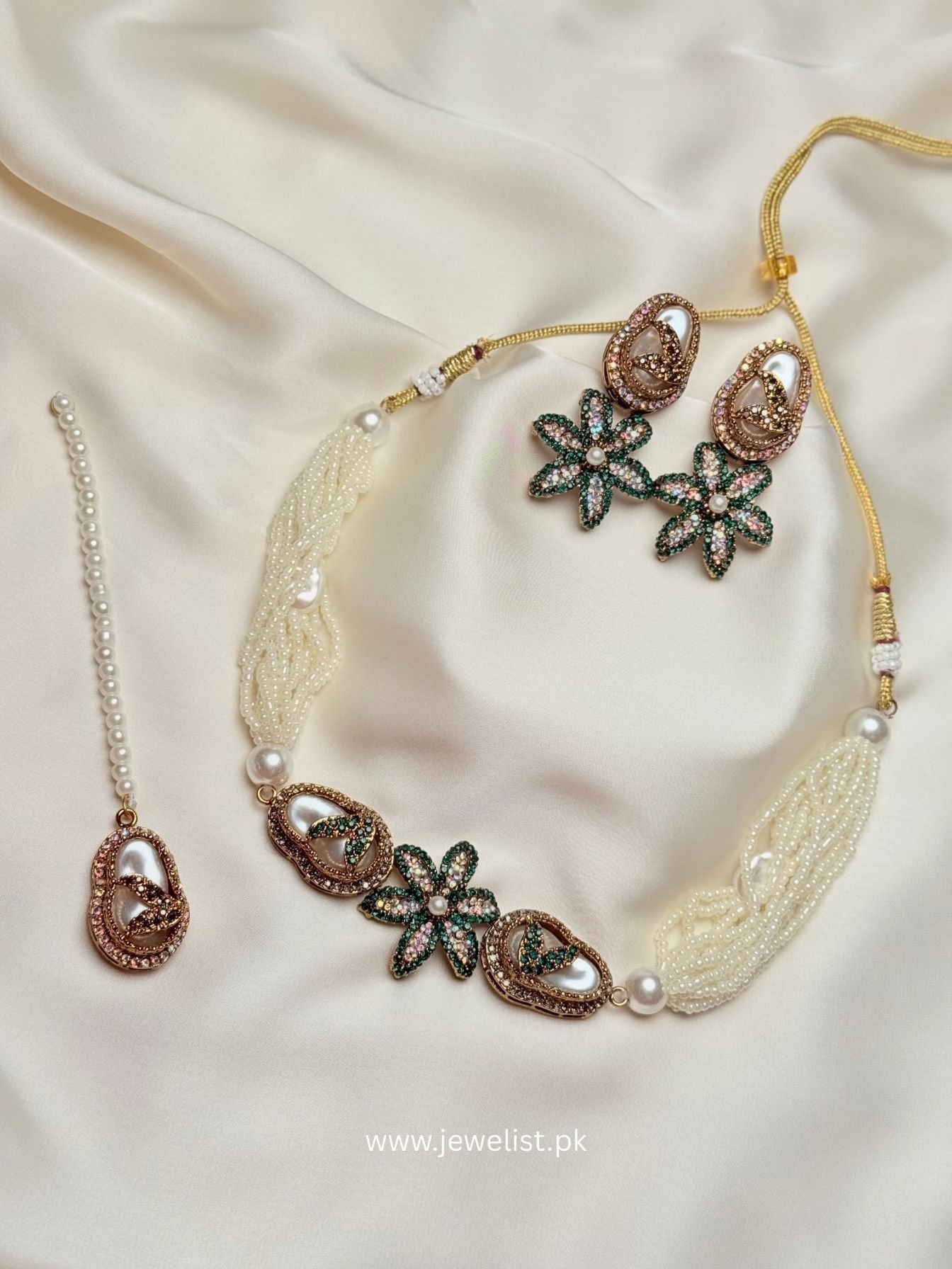 Pearl Floral Statement Necklace Set in green with matching earrings and tikka by Jewelist