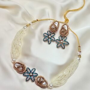 Pearl Floral Statement Necklace Set Laila in teal with pearl-like multi-strand design