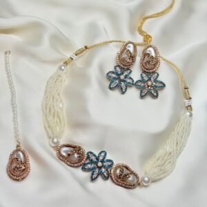 Pearl Floral Statement Necklace Set teal variation with floral earrings by Jewelist