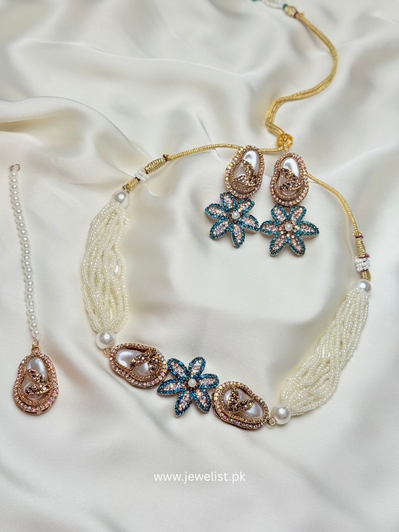 Pearl Floral Statement Necklace Set teal variation with floral earrings by Jewelist