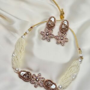 Pearl Floral Statement Necklace Set Laila in white with blush floral accents by Jewelist