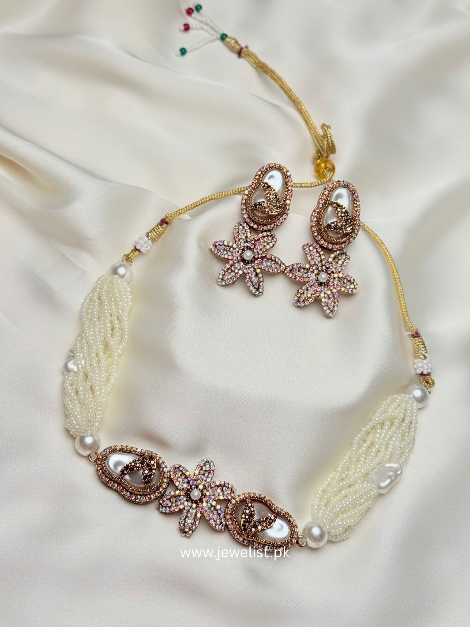 Pearl Floral Statement Necklace Set Laila in white with blush floral accents by Jewelist