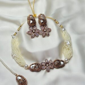 Laila Pearl Set in white with matching earrings and tikka by Jewelist