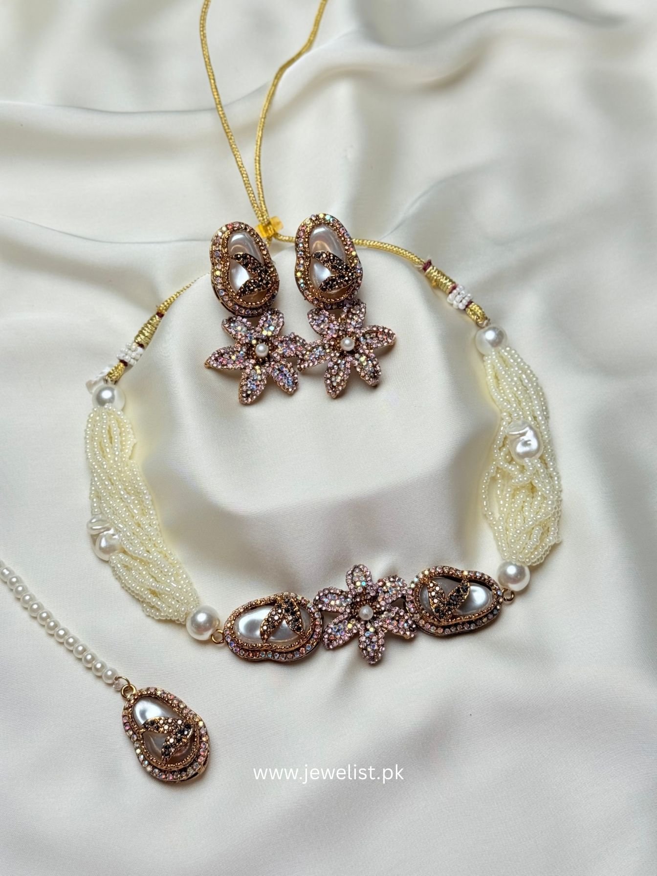 Laila Pearl Set in white with matching earrings and tikka by Jewelist