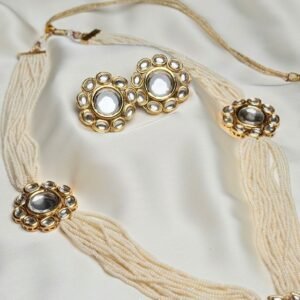 Mehrunisa Set multi-strand pearl necklace with gold-tone floral medallions by Jewelist