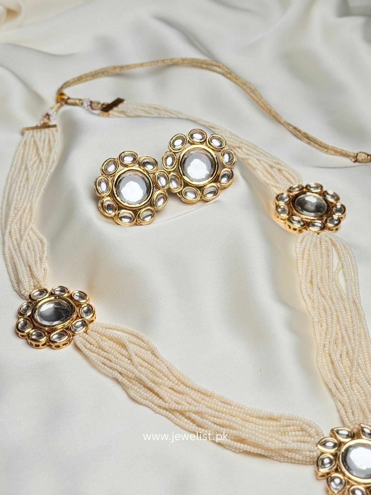 Mehrunisa Set multi-strand pearl necklace with gold-tone floral medallions by Jewelist
