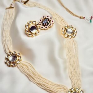 Mehrunisa Set ivory pearl necklace and round floral earrings by Jewelist