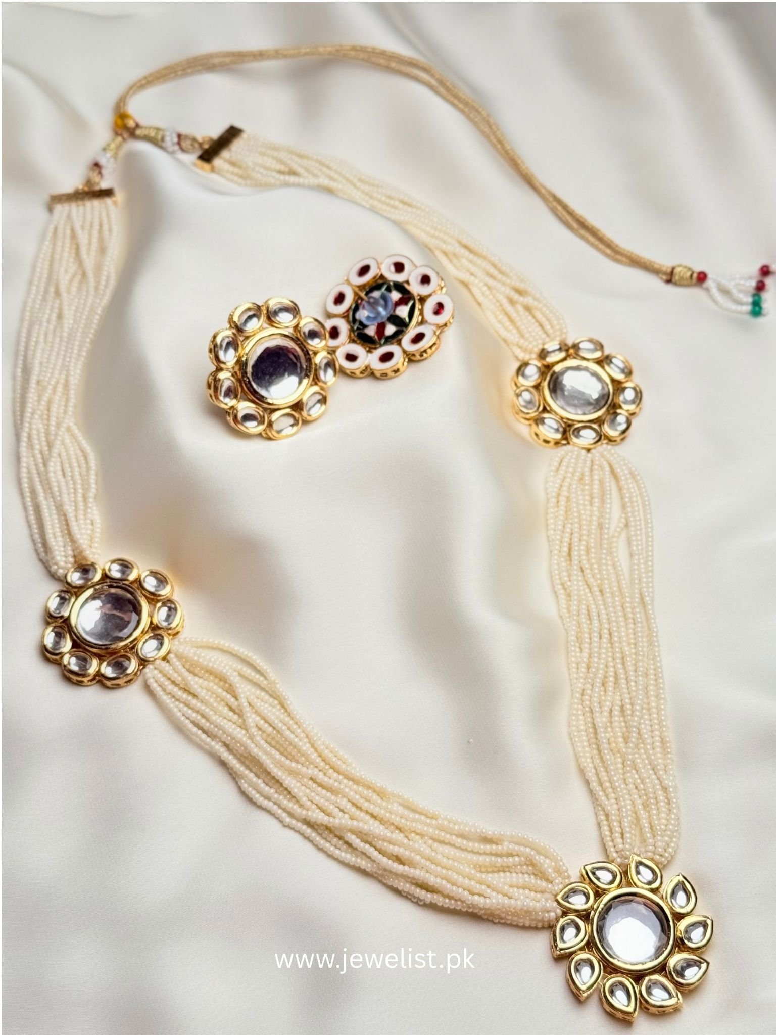 Mehrunisa Set ivory pearl necklace and round floral earrings by Jewelist