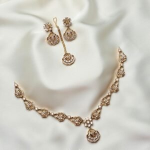 Floral Teardrop Necklace Set Noura gold set with earrings and tikka by Jewelist