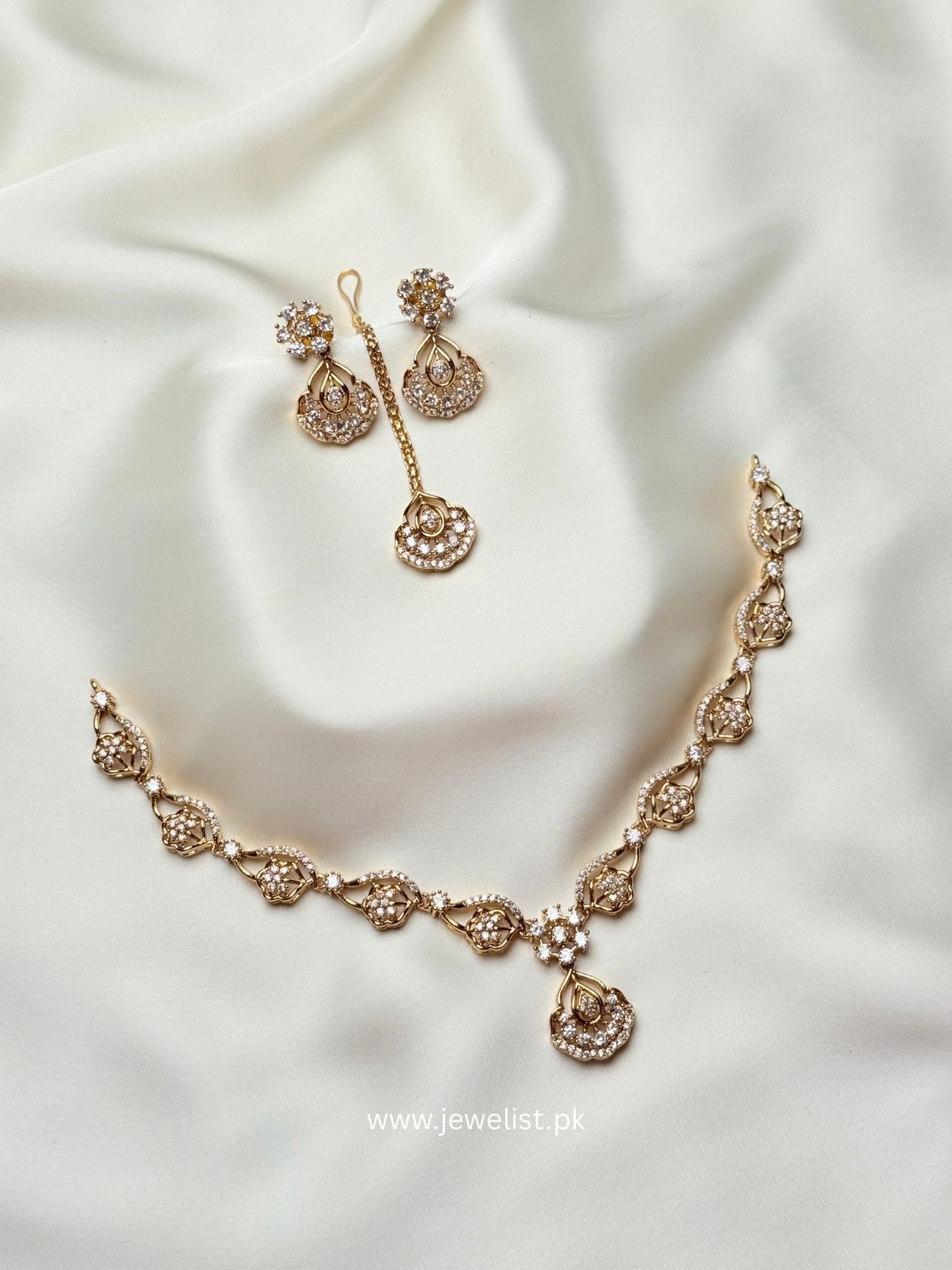 Floral Teardrop Necklace Set Noura gold set with earrings and tikka by Jewelist