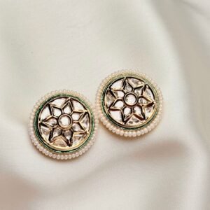 Raqs Kundan Studs white round earrings with pearl-like border by Jewelist