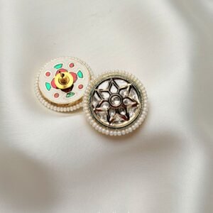 Raqs Kundan Studs front view with white kundan floral star motif.
