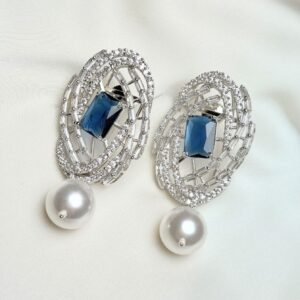 Sapphire Drop Earrings by Jewelist with pearl-like beads and crystal-inspired silver-tone design
