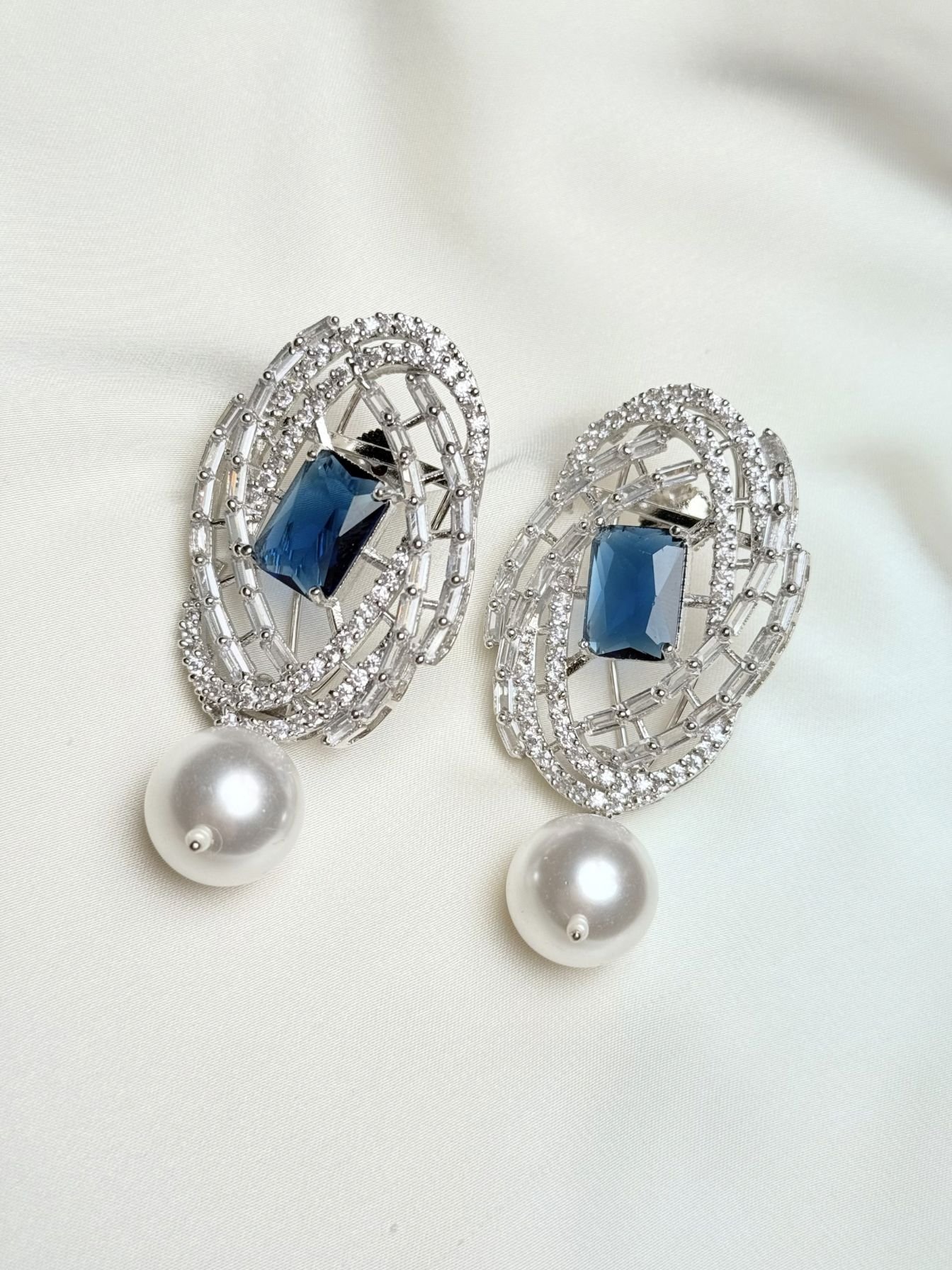 Sapphire Drop Earrings by Jewelist with pearl-like beads and crystal-inspired silver-tone design