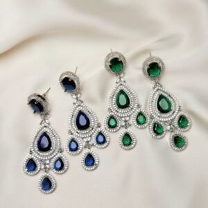 Teardrop Halo Chandelier Earrings by Jewelist shown in blue and green color options