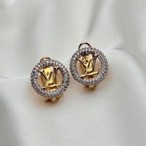 Zircon Logo Stud Earrings by Jewelist with gold-tone centerpiece and crystal halo