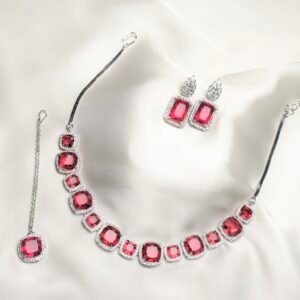 Azure Necklace Set with red cushion accents, matching earrings and forehead ornament