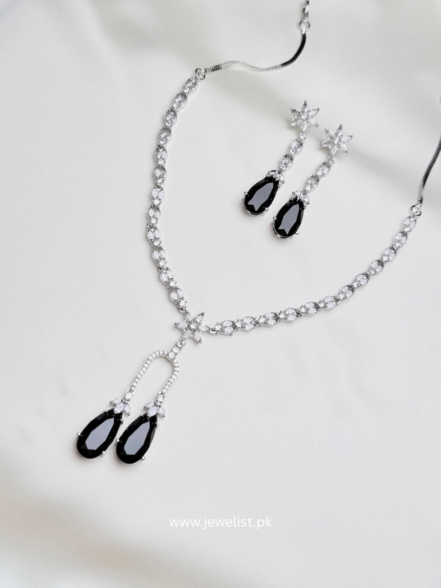 Celeste Y-Necklace Set in black with silver-tone crystal-inspired detailing