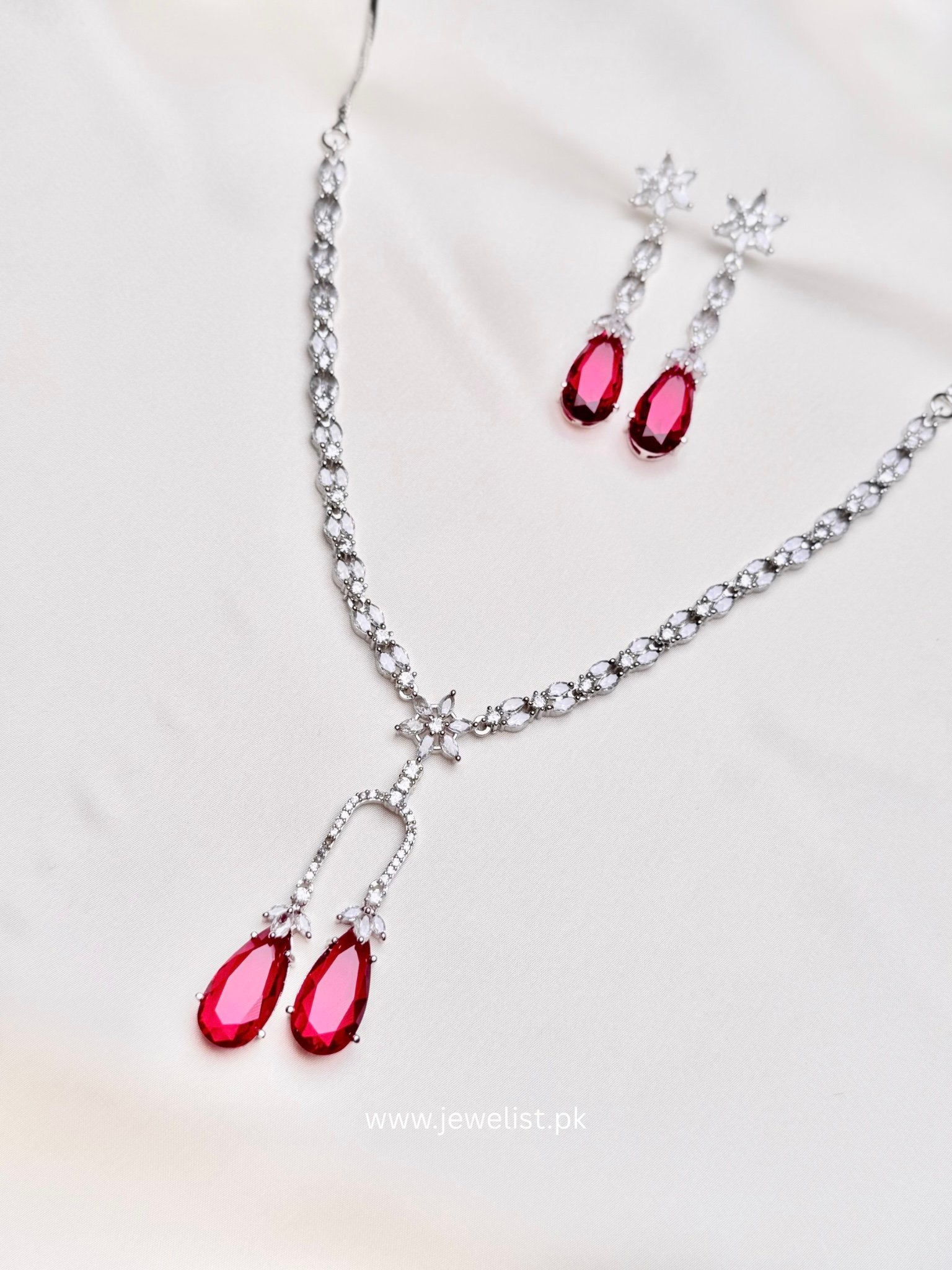 Celeste Y-Necklace Set in red with matching teardrop earrings by Jewelist