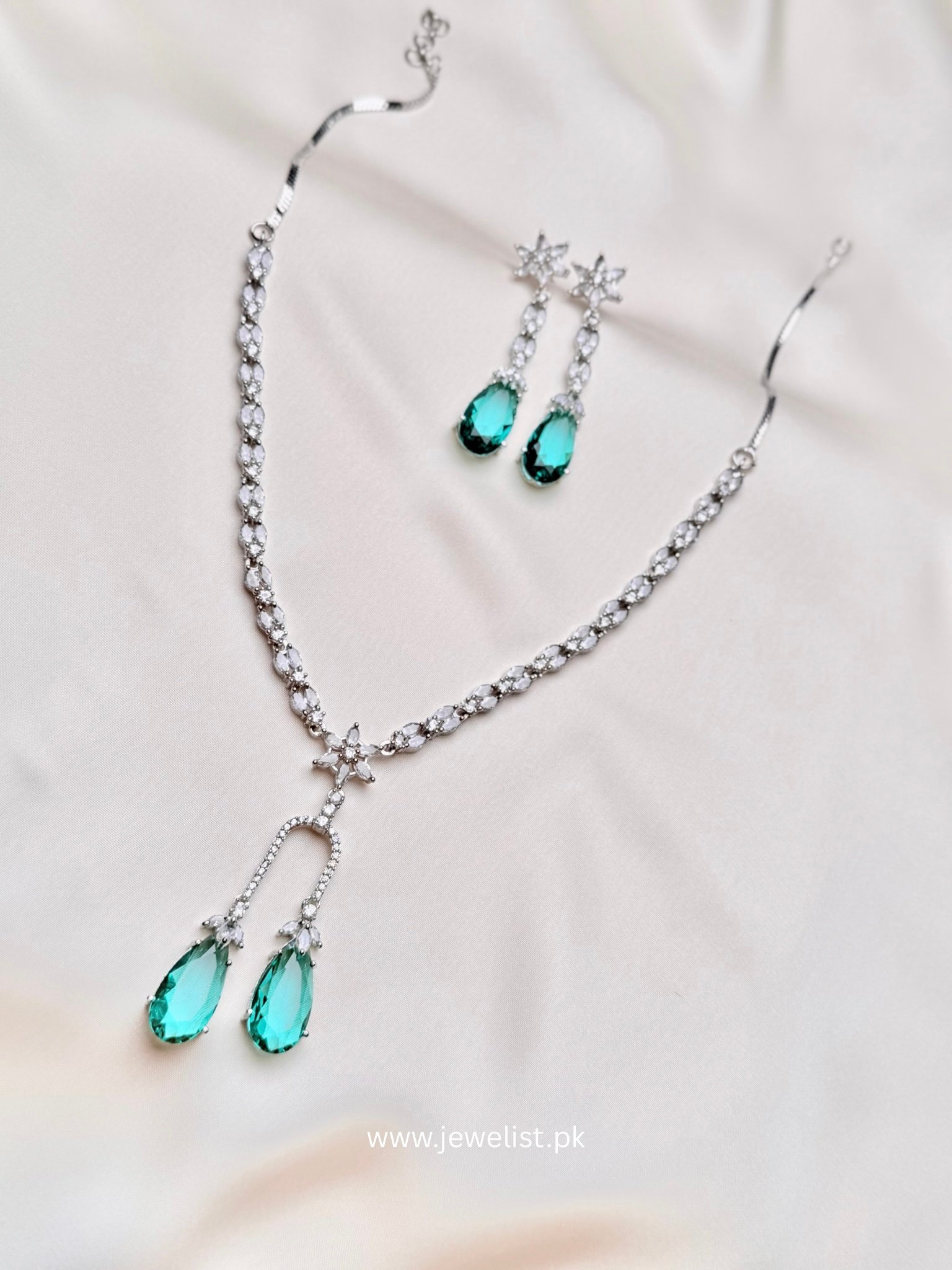 Celeste Y-Necklace Set in sea green with matching crystal-inspired earrings