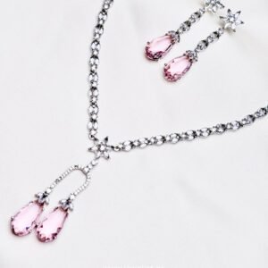 Celeste Y-Necklace Set in crystal pink with matching teardrop earrings by Jewelist