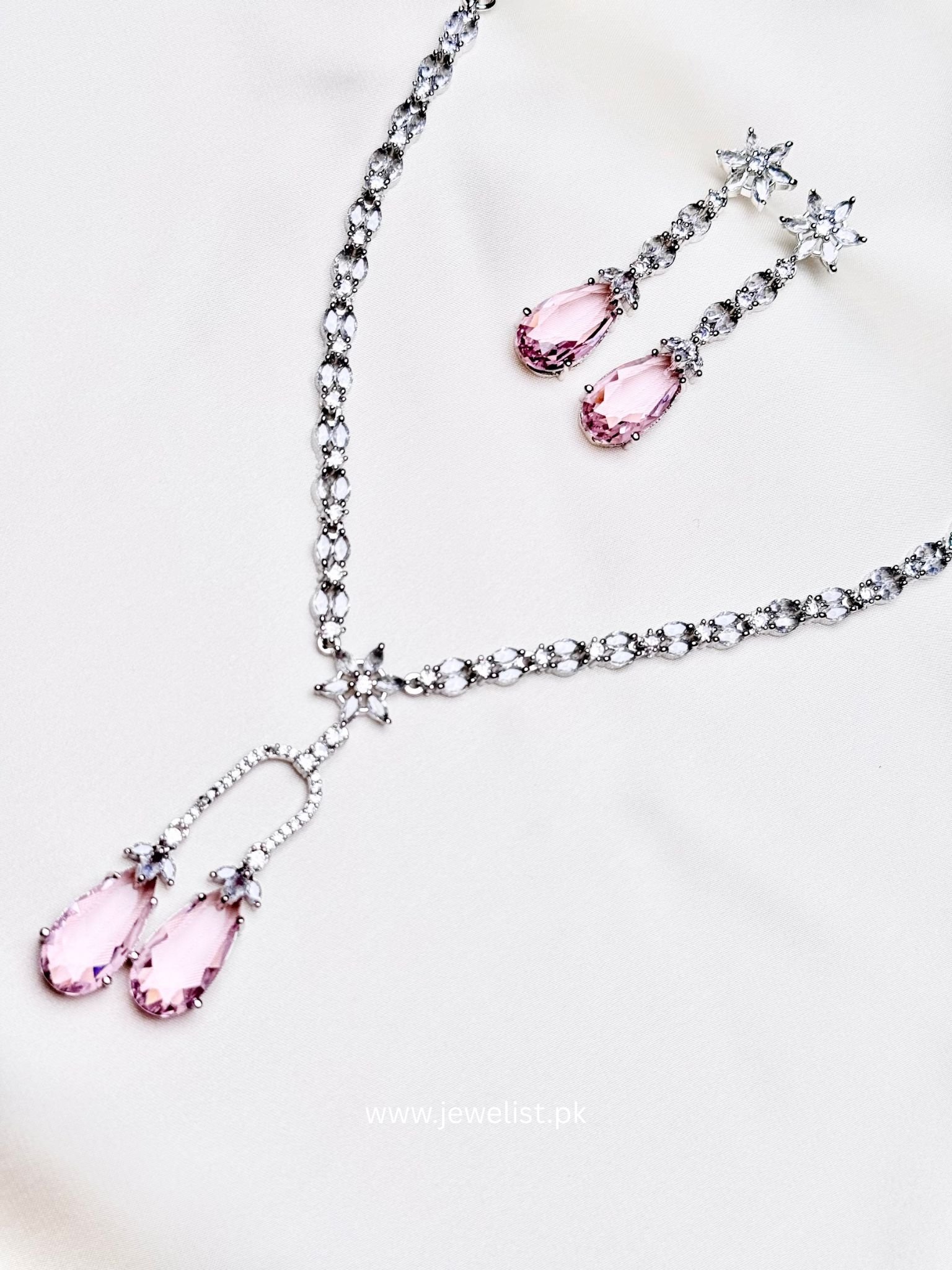Celeste Y-Necklace Set in crystal pink with matching teardrop earrings by Jewelist