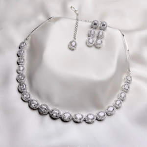 Elise Oval Solitaire Set in silver with oval crystal-inspired necklace, matching earrings and forehead ornament