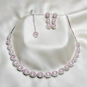 Elise Oval Solitaire Set in pink with oval halo necklace, earrings and forehead ornament