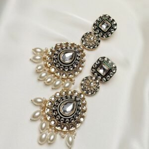 Gulrukh Kundan Earrings with pearl-like white drops and teardrop centrepiece