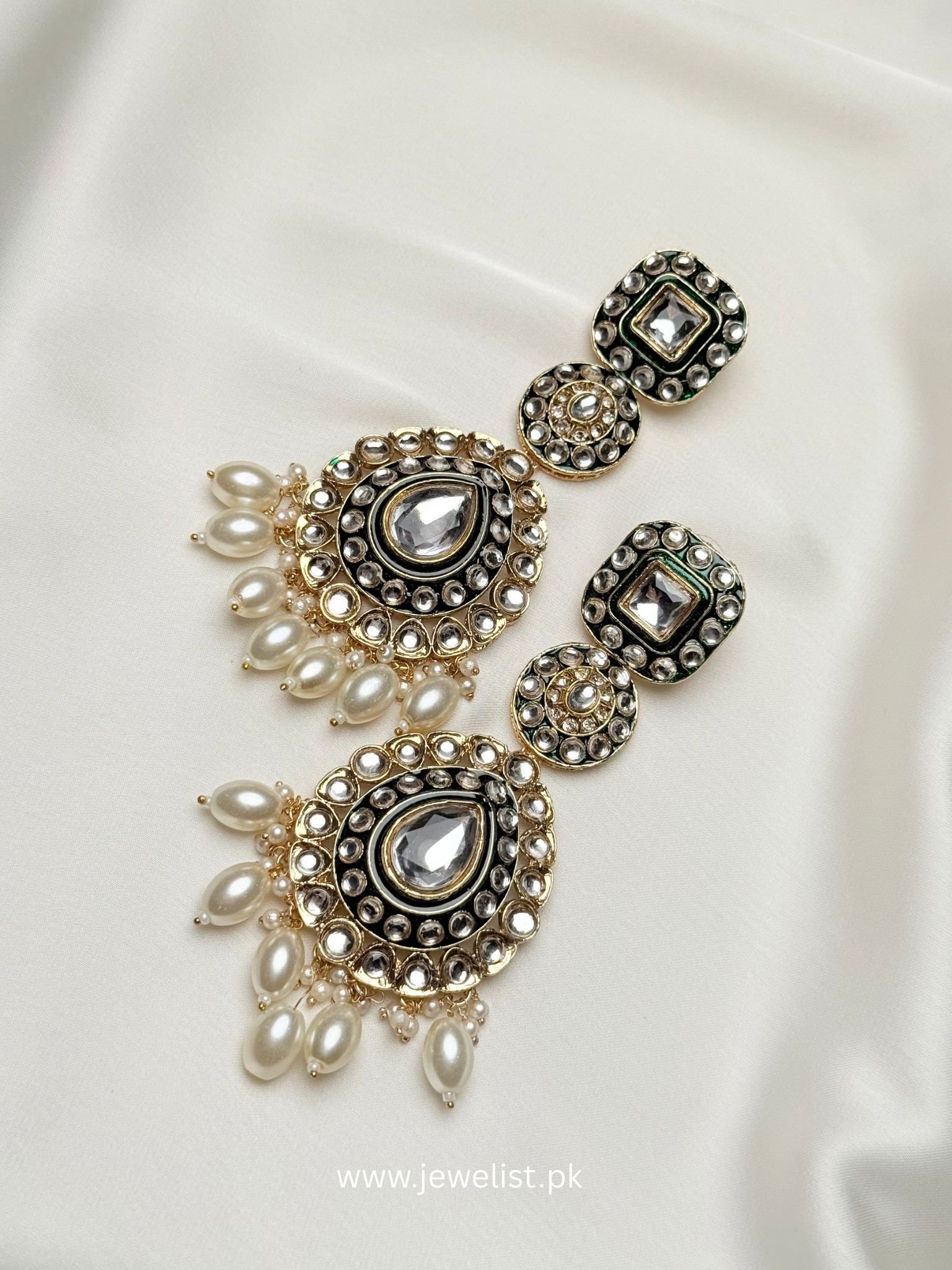Gulrukh Kundan Earrings with pearl-like white drops and teardrop centrepiece