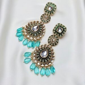 Gulrukh Kundan Earrings with aqua blue drops and intricate gold-tone detailing