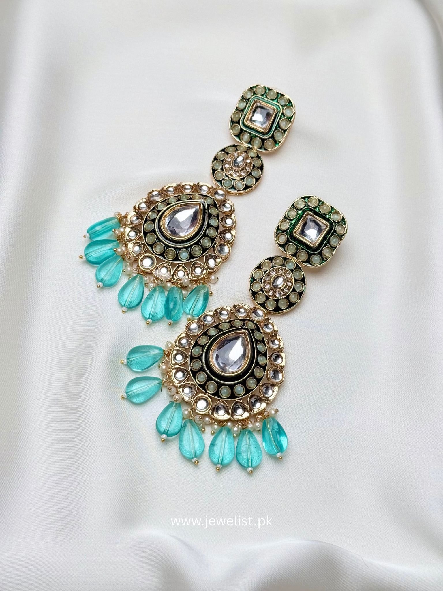Gulrukh Kundan Earrings with aqua blue drops and intricate gold-tone detailing