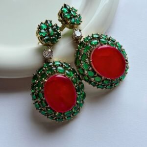Hurrrem Cobochon Earrings green and red gold-tone statement design