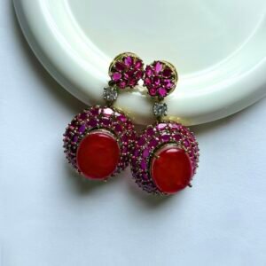 Cabochon Halo Earrings pink red gold-tone oval drop design