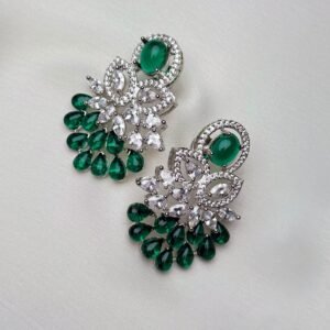 Lumina Prism Earrings with green teardrop stones and silver tone