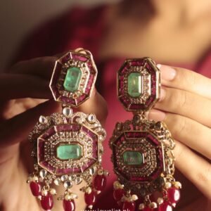 Nazakat Octagon Earrings multicolor statement pair with aqua centres and pink borders