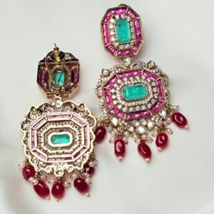 Nazakat Octagon Earrings close-up with aqua pink crystal-inspired details and ruby drops