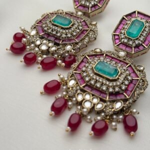 Nazakat Octagon Earrings with aqua pink and ruby-tone statement detailing