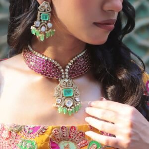Ruhi Crimson Choker Set original Kiyani Kundan earring and pendant close-up