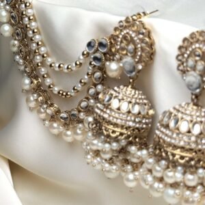 Shirin Jhumka set close-up of pearl fringe dome jhumkas