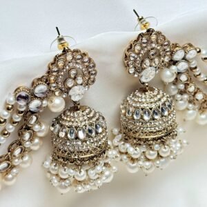 Shirin Jhumka set ornate gold-tone dome earrings with pearl-like bead drops