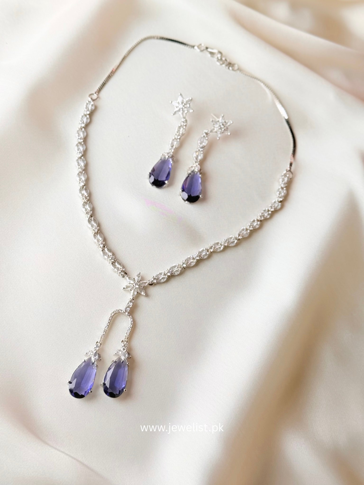 Celeste Y-Necklace Set in crystal purple with silver-tone teardrop design