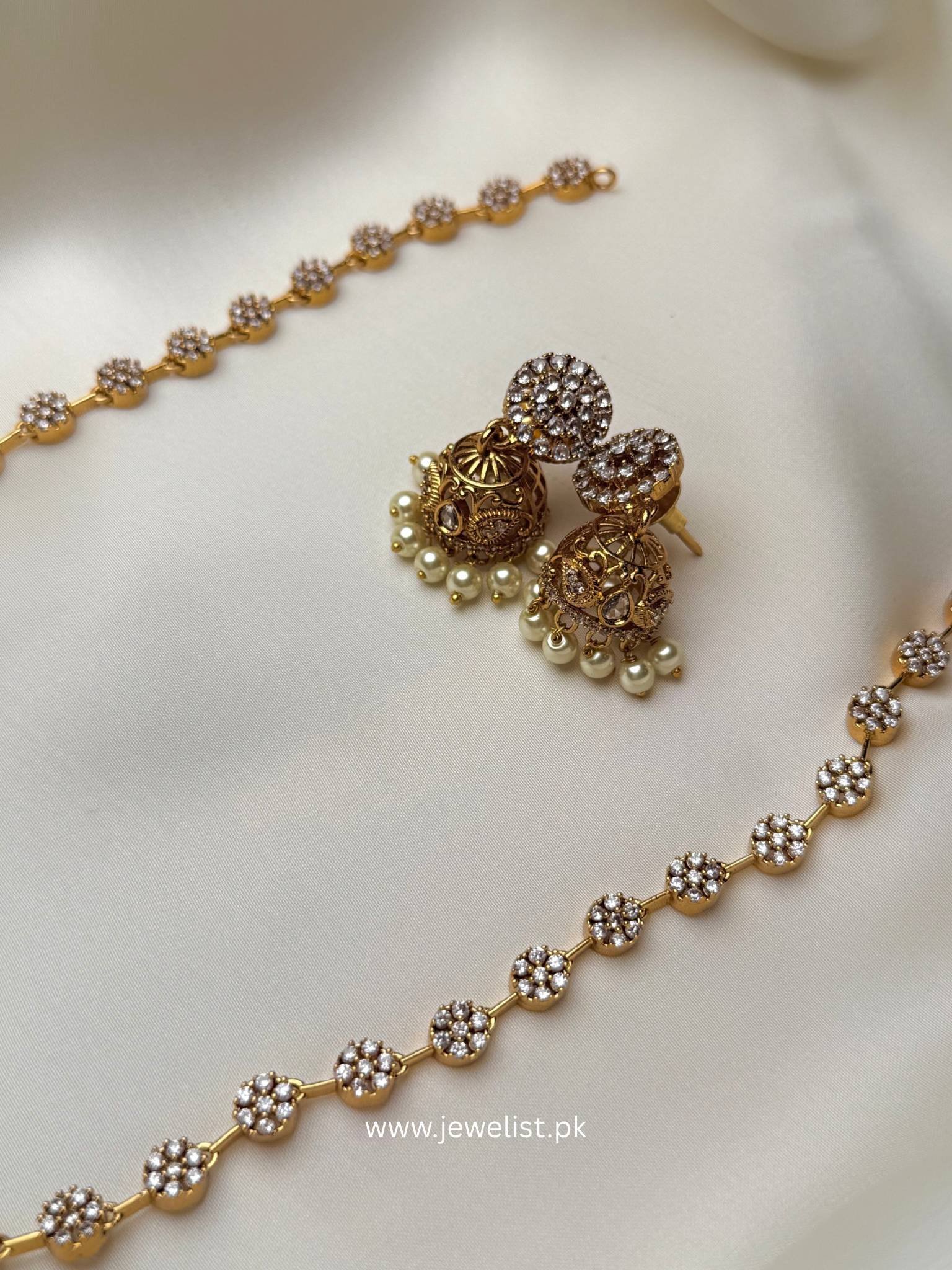 Micro-flora Mala set crystal floral necklace with traditional gold tone jhumka earrings