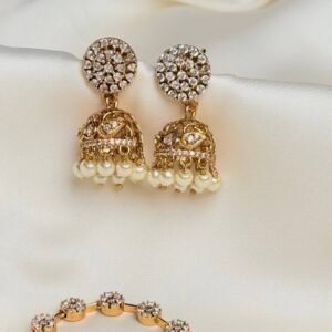 Micro-flora Mala set full gold tone floral necklace and pearl-like jhumka earrings