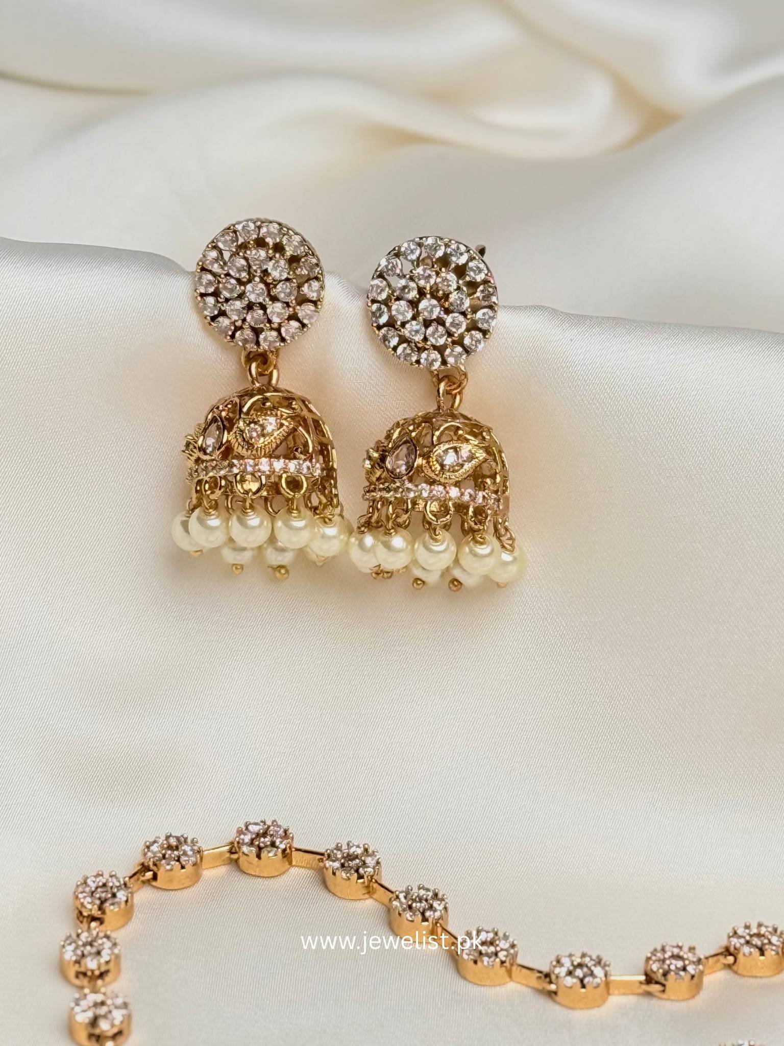 Micro-flora Mala set full gold tone floral necklace and pearl-like jhumka earrings
