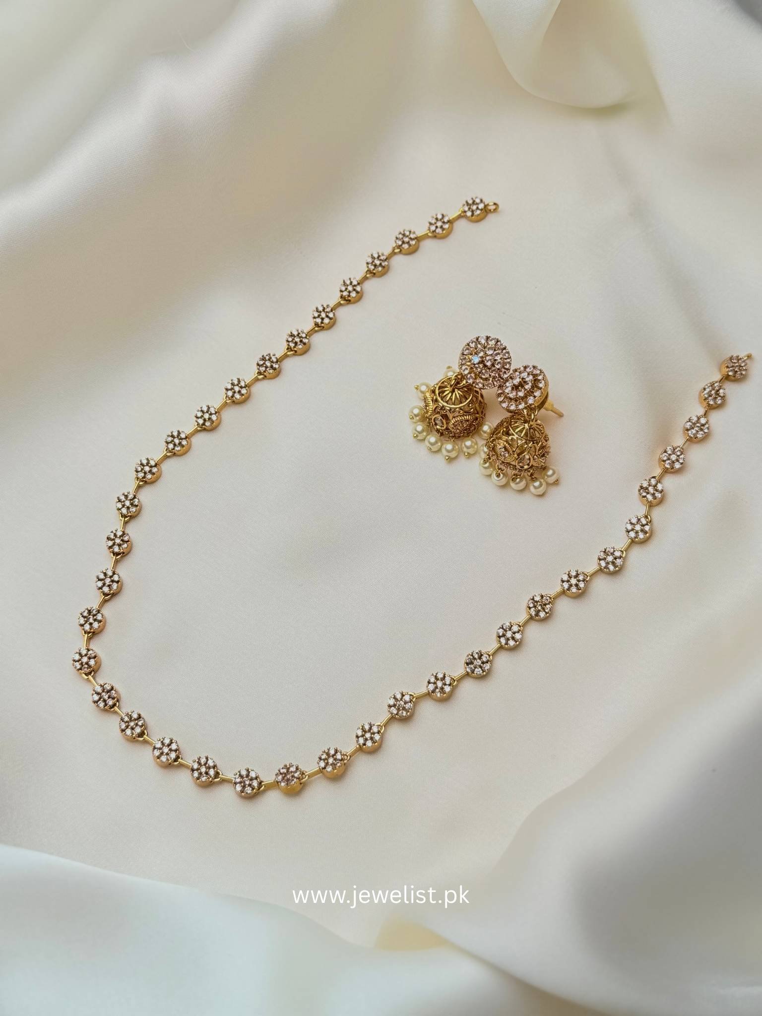 Micro-flora Mala set gold tone floral mala with pearl-like jhumka earrings