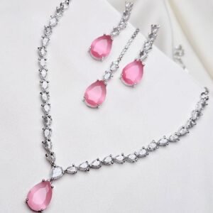 Nouveau Set pink teardrop necklace earrings and teeka with clear crystal-inspired accents