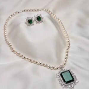 Ophelia Pearl Pendant Suite emerald green rectangular pendant with pearl-like beads and matching earrings