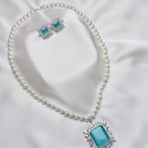 Ophelia Pearl Pendant Suite mint rectangular pendant with pearl-like beaded necklace and matching silver-tone earrings